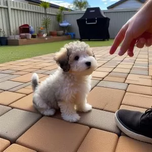 Training-a-Moodle-puppy-in-the-backyard.